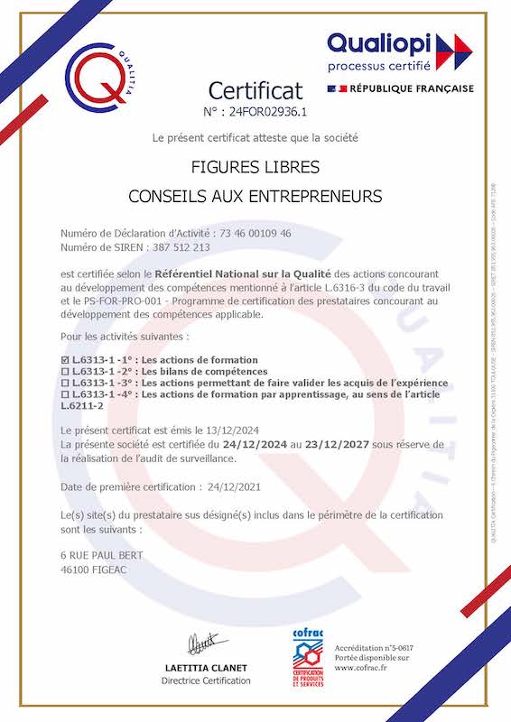 Certificat de conformité Qualiopi attribué à Figures Libres